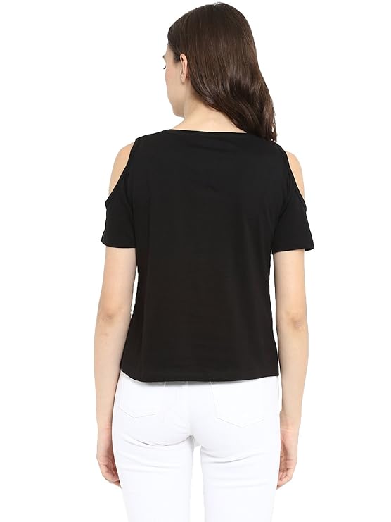Poly cotton Half Sleeves Cold Shoulder T-Shirt For Women-Black