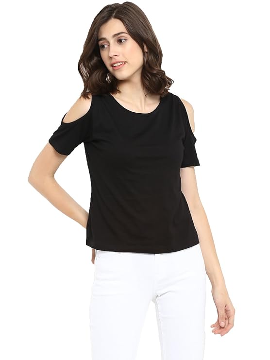 Poly cotton Half Sleeves Cold Shoulder T-Shirt For Women-Black