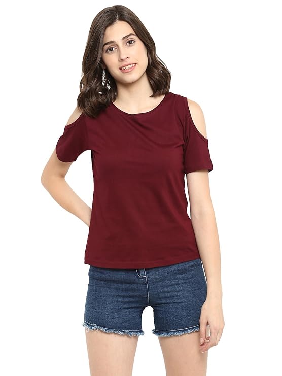 Poly cotton Half Sleeves Cold Shoulder T-Shirt For Women-Maroon