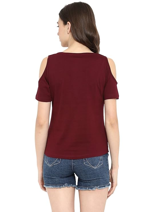 Poly cotton Half Sleeves Cold Shoulder T-Shirt For Women-Maroon