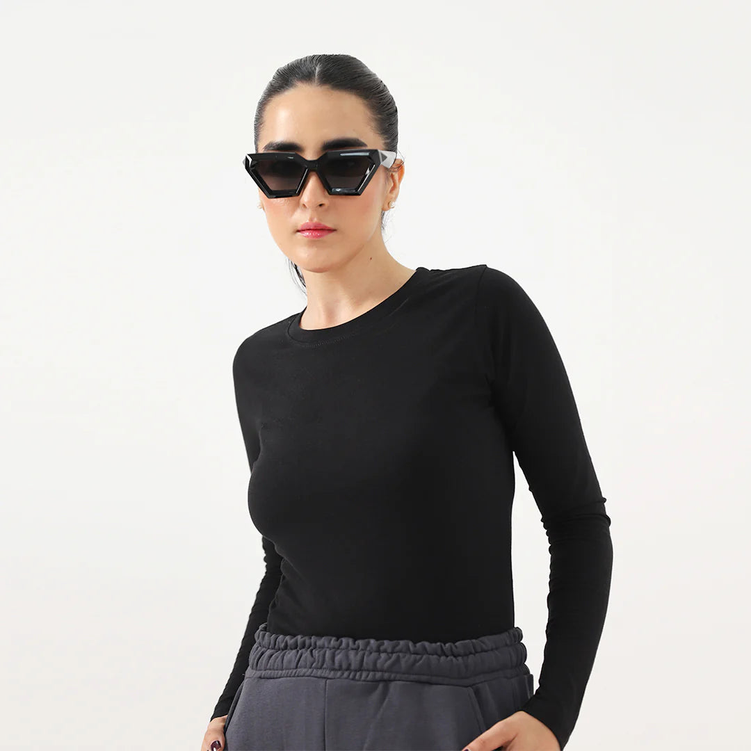Poly cotton Full Sleeves plain T-Shirt For Women-Black