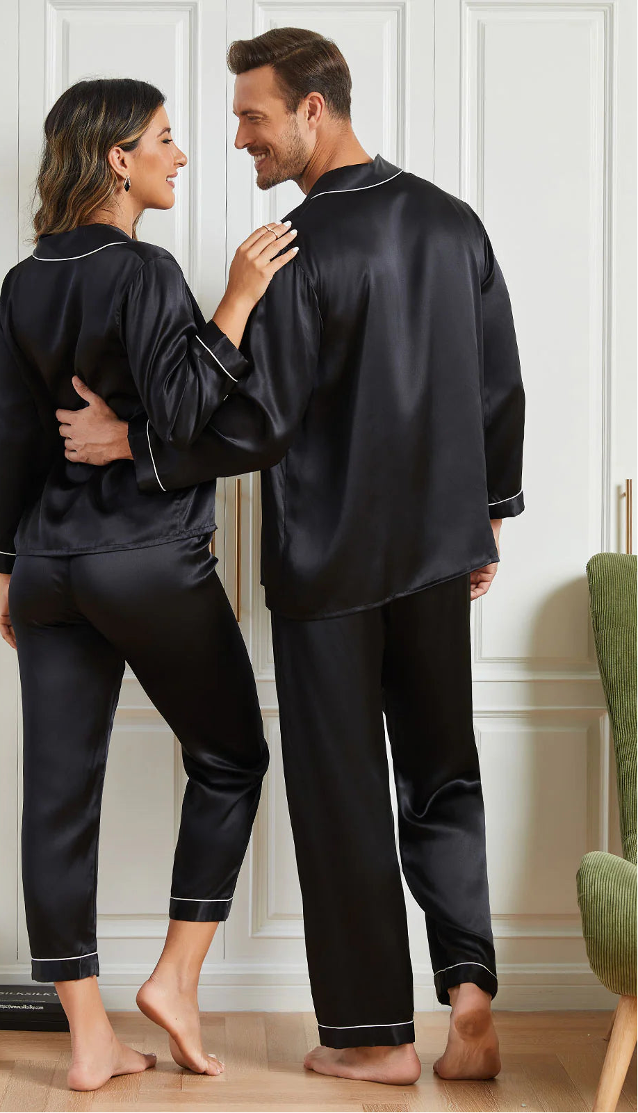 Silk Couple Pajamas Set-Black