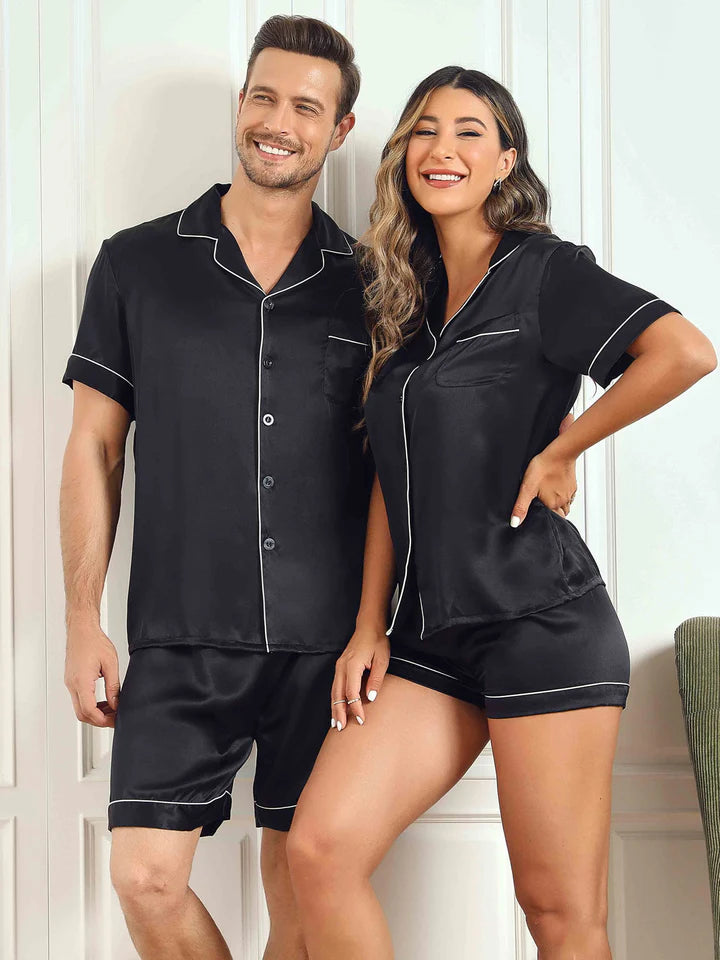 Silk Couple Pajamas Set-Black