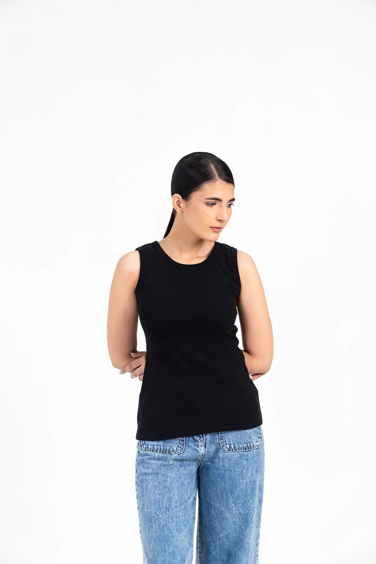 Poly cotton Sleeveless T-Shirt For Women-Black