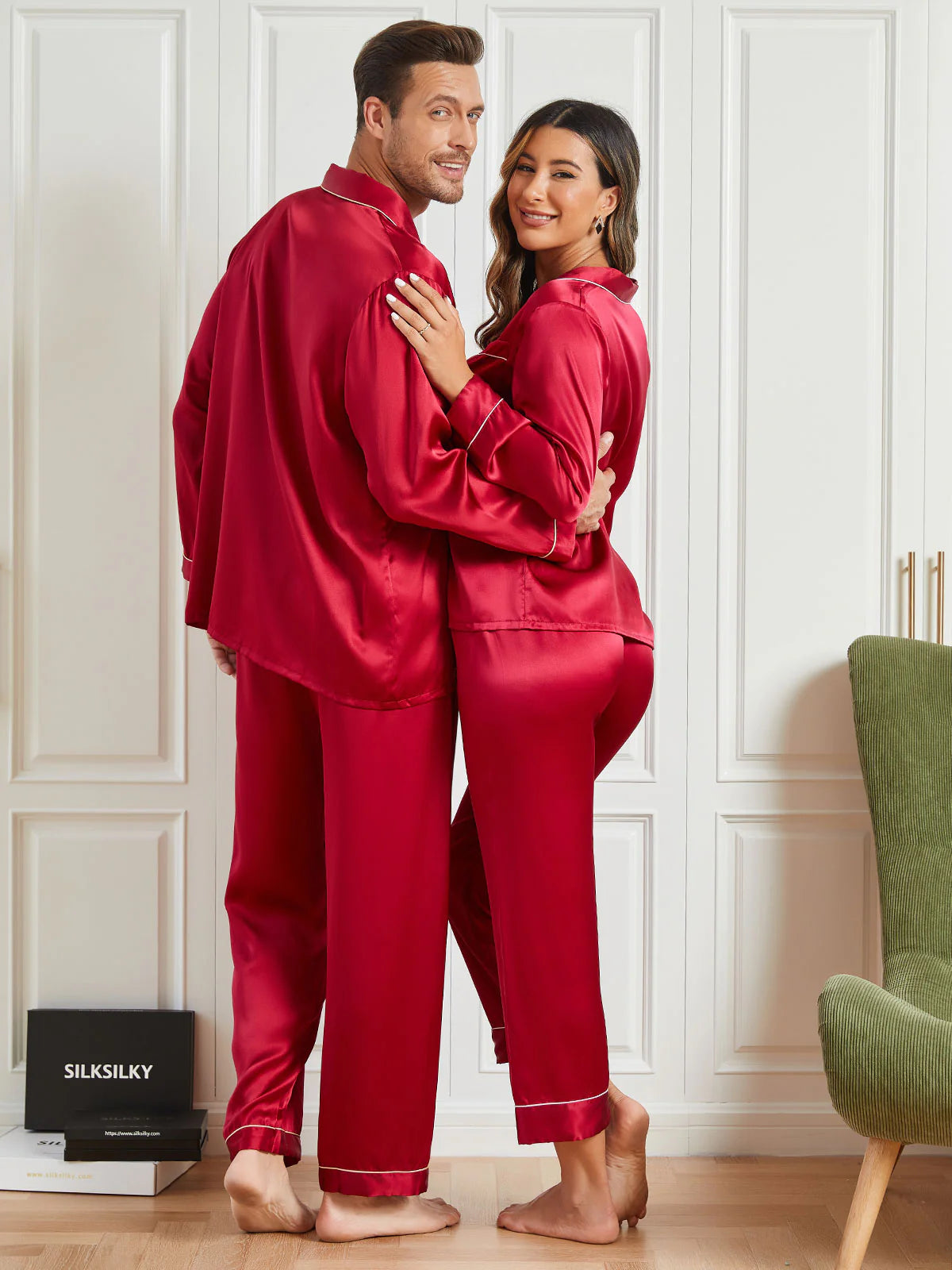 Silk Couple Pajamas Set-Red