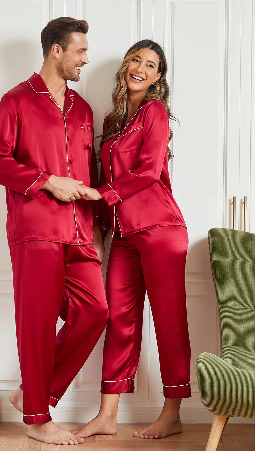 Silk Couple Pajamas Set-Red