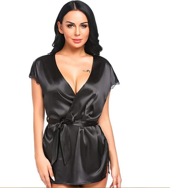 Lace trim Silk robe gown for women