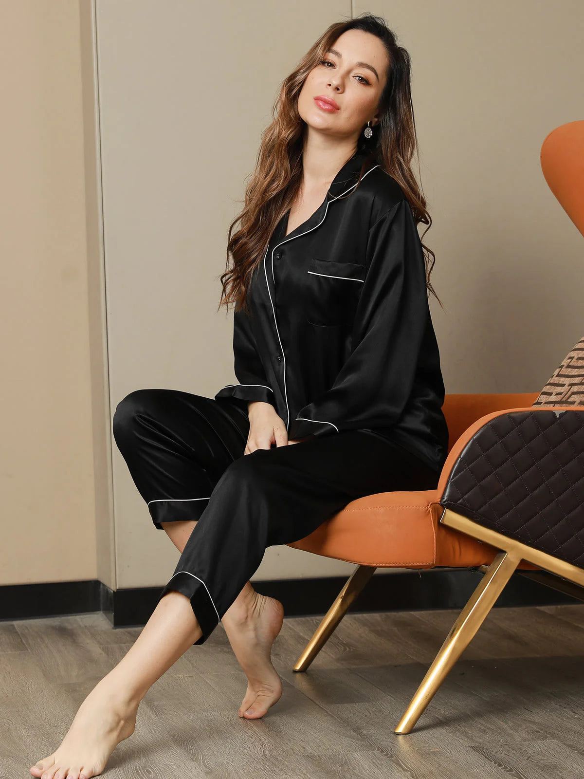 Black Silk Pj Set For Women