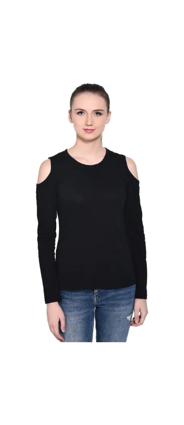 Poly cotton Full Sleeves Cold Shoulder T-Shirt For Women-Black