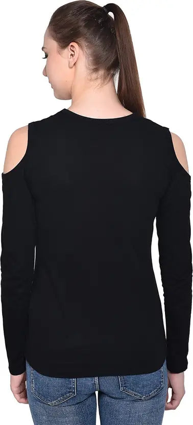 Poly cotton Full Sleeves Cold Shoulder T-Shirt For Women-Black