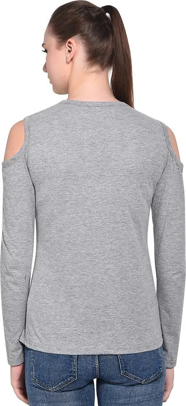 Poly cotton Full Sleeves Cold Shoulder T-Shirt For Women-Grey