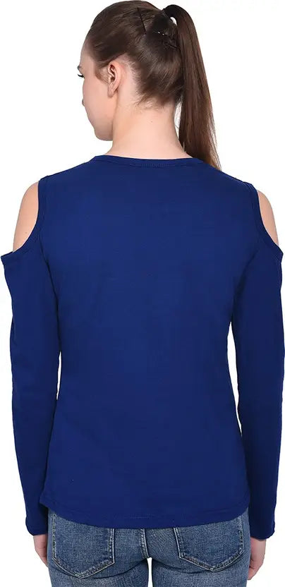 Poly cotton Full Sleeves Cold Shoulder T-Shirt For Women-Royal Blue