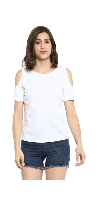 Poly cotton Half Sleeves Cold Shoulder T-Shirt For Women-White