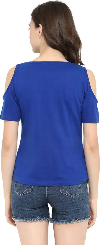 Poly cotton Half Sleeves Cold Shoulder T-Shirt For Women-Royal Blue
