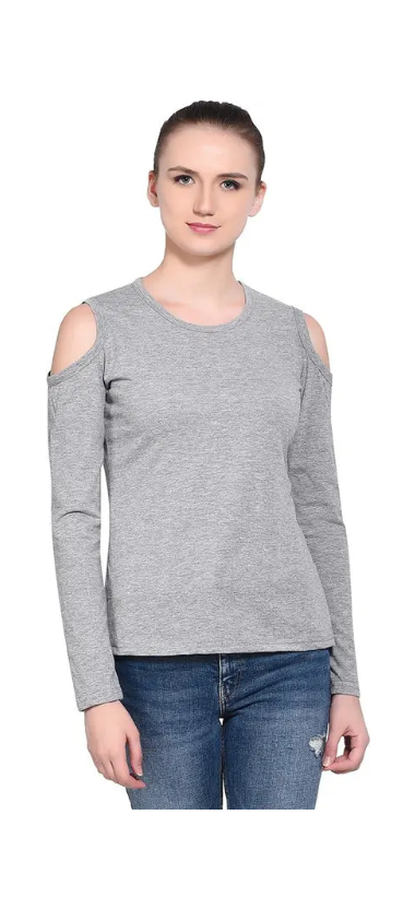 Poly cotton Full Sleeves Cold Shoulder T-Shirt For Women-Grey