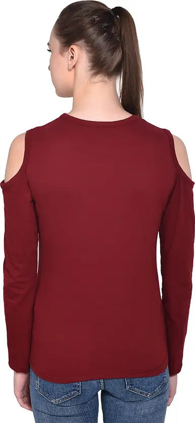 Poly cotton Full Sleeves Cold Shoulder T-Shirt For Women-Maroon