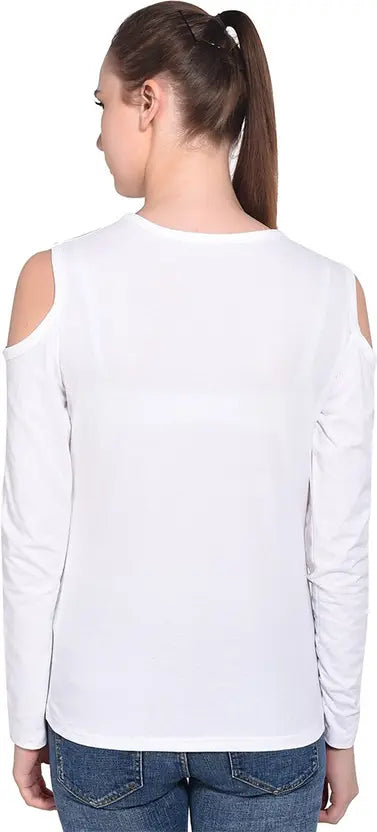 Poly cotton Full Sleeves Cold Shoulder T-Shirt For Women-White