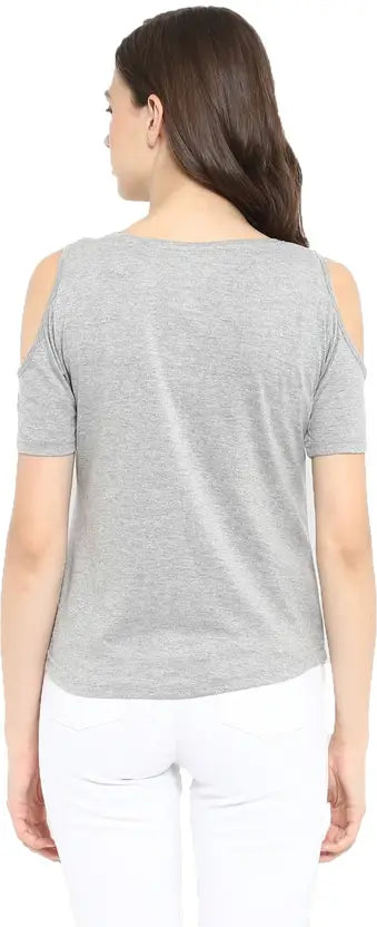 Poly cotton Half Sleeves Cold Shoulder T-Shirt For Women-Grey