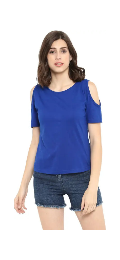 Poly cotton Half Sleeves Cold Shoulder T-Shirt For Women-Royal Blue