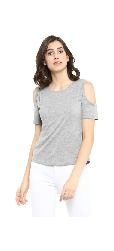 Poly cotton Half Sleeves Cold Shoulder T-Shirt For Women-Grey