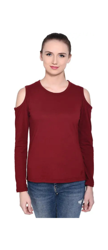 Poly cotton Full Sleeves Cold Shoulder T-Shirt For Women-Maroon
