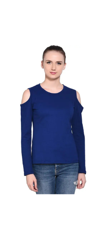 Poly cotton Full Sleeves Cold Shoulder T-Shirt For Women-Royal Blue