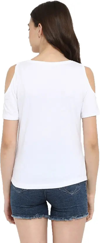 Poly cotton Half Sleeves Cold Shoulder T-Shirt For Women-White